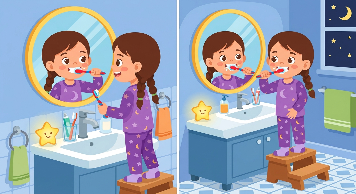 A child brushing their teeth before bed.