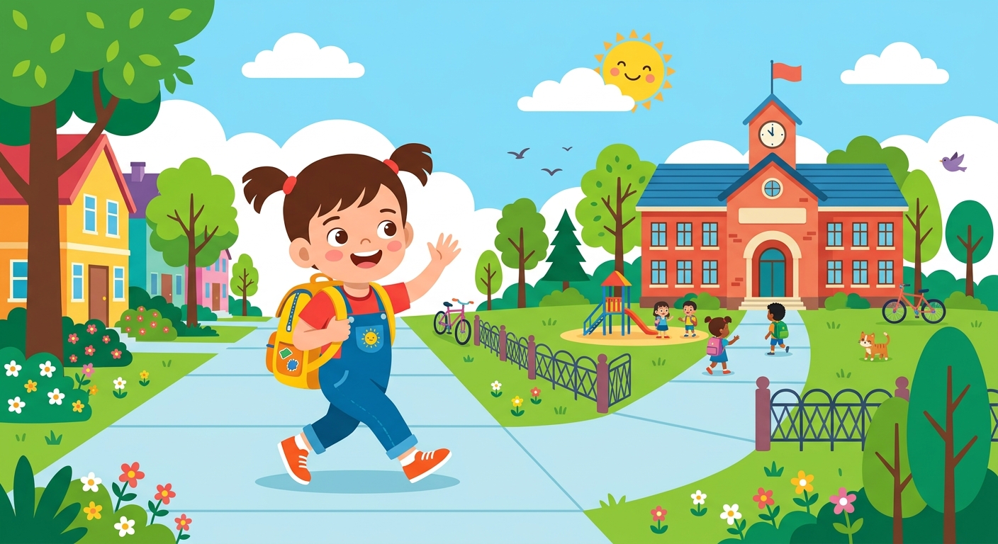 A child walking to school with a backpack.