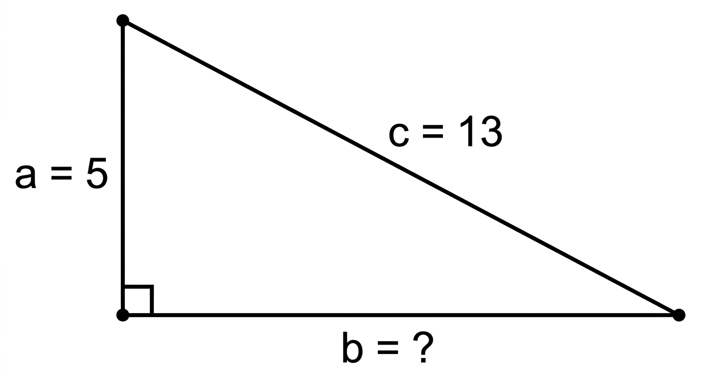Right triangle with one leg labeled a equals 5, hypotenuse labeled c equals 13, and the other leg labeled b equals question mark.