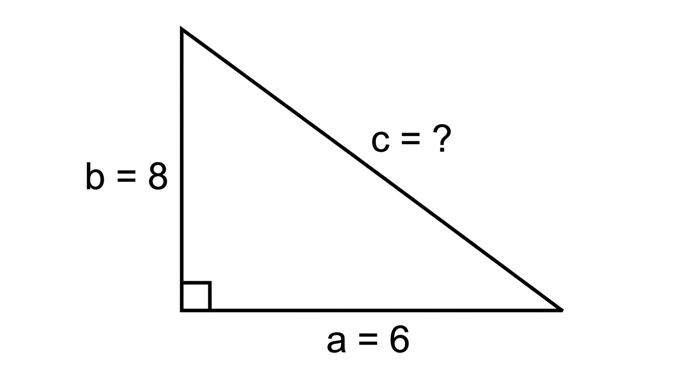 Right triangle with legs labeled a equals 6 and b equals 8, and hypotenuse labeled c equals question mark.