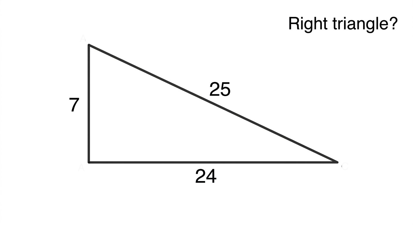 Triangle with side lengths labeled 7, 24, and 25, with a small label asking whether it is a right triangle.