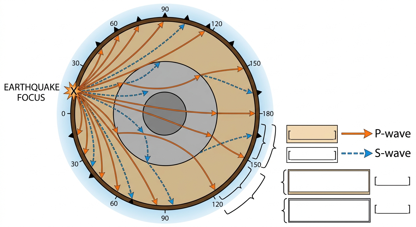 Earth cross-section showing seismic ray paths with blank legend for P waves, S waves, and shadow zones.