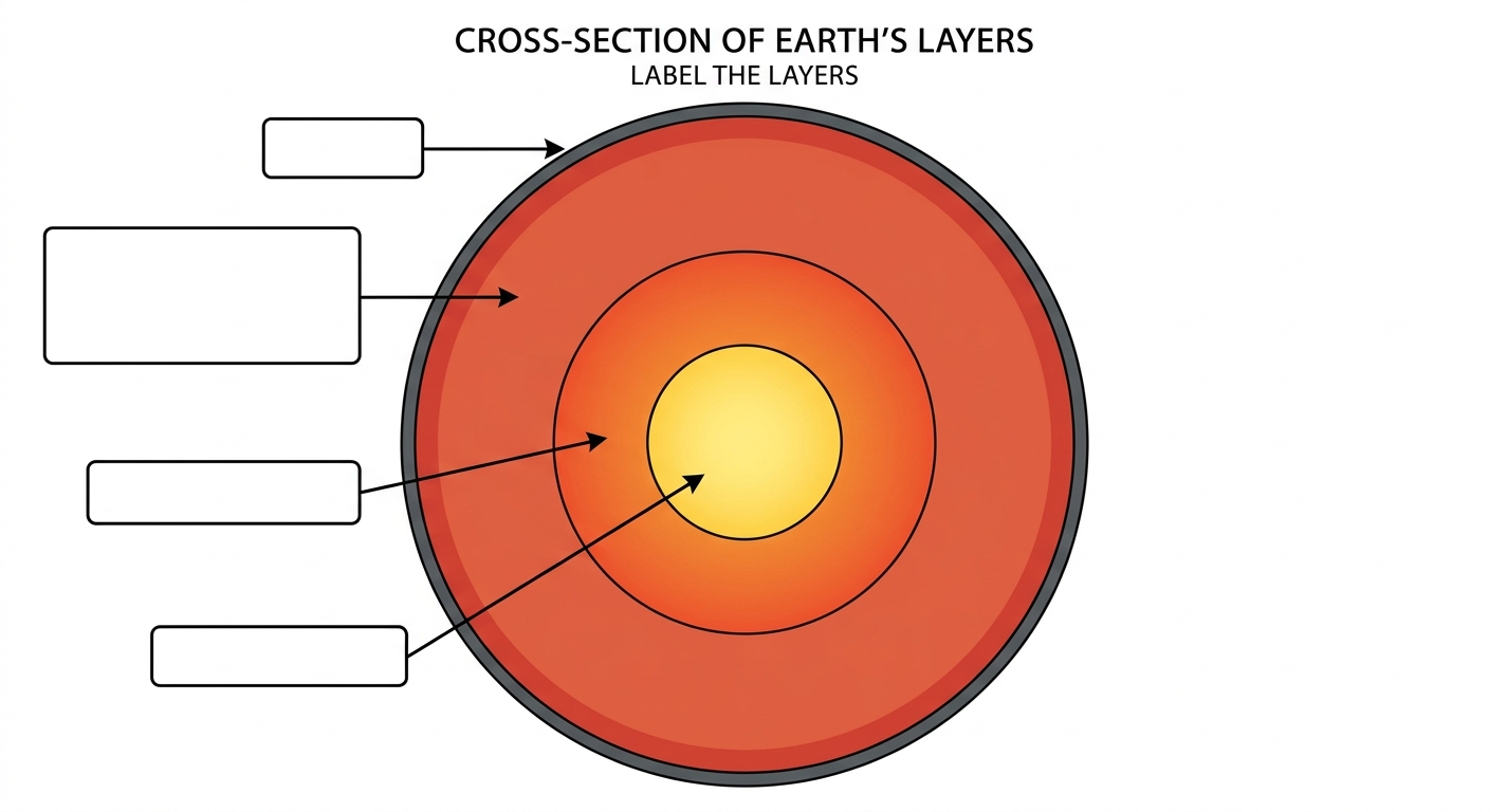 Cross-section of Earth with four unlabeled layers and blank callout boxes for labeling.