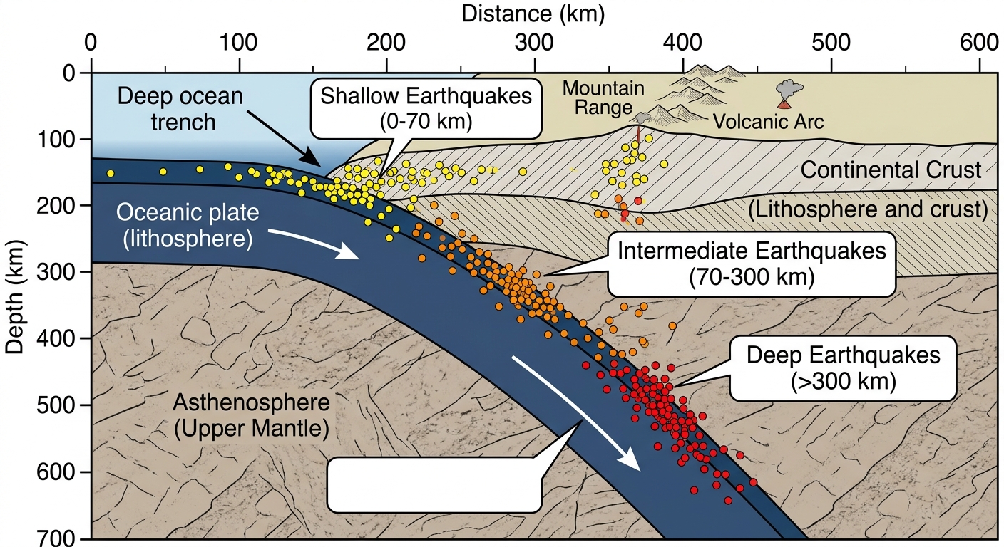 Subduction-zone cross-section with earthquake dots forming a dipping zone to annotate.