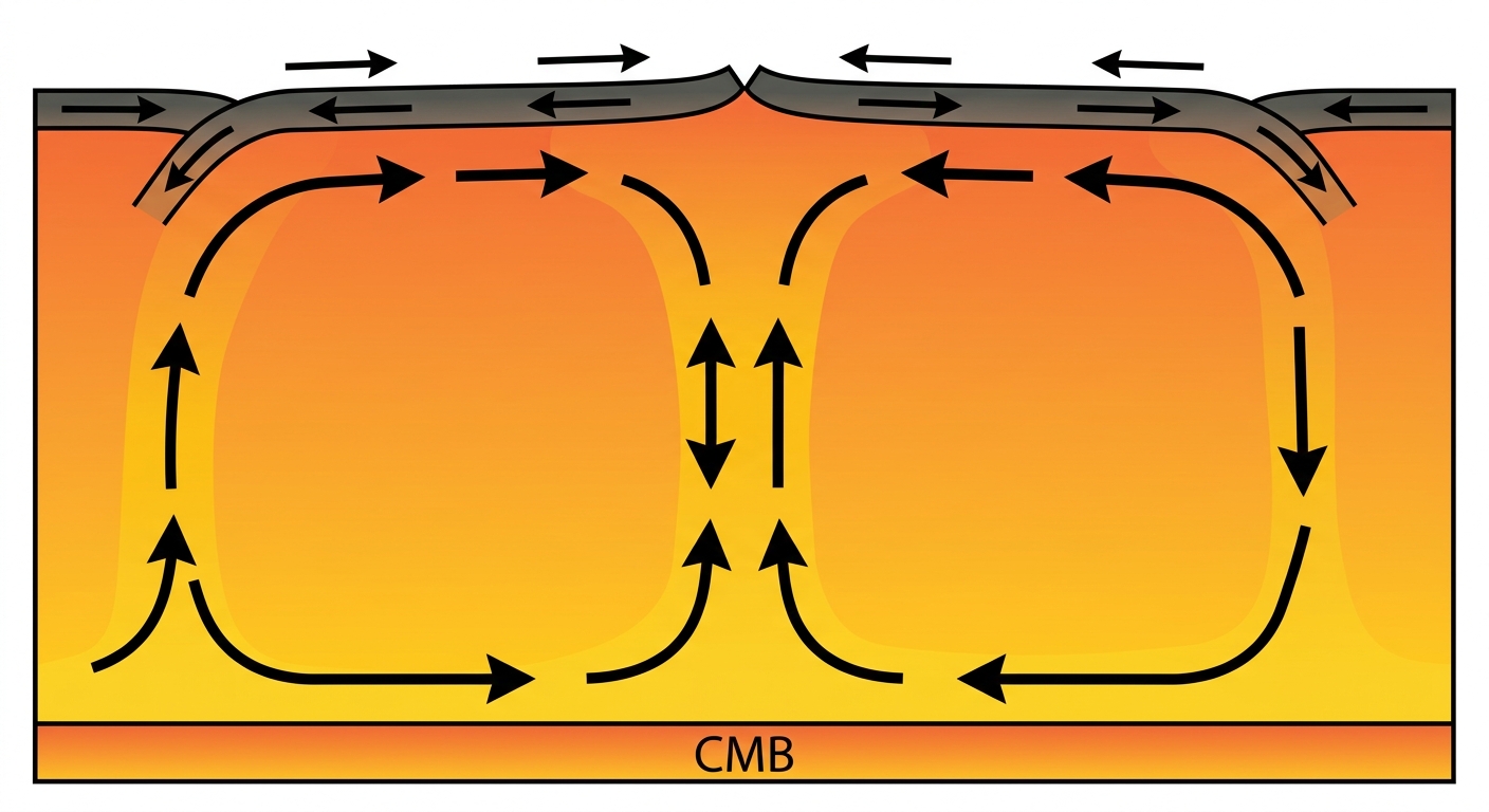 Mantle convection diagram with two circulating cells and a lithosphere layer to label.