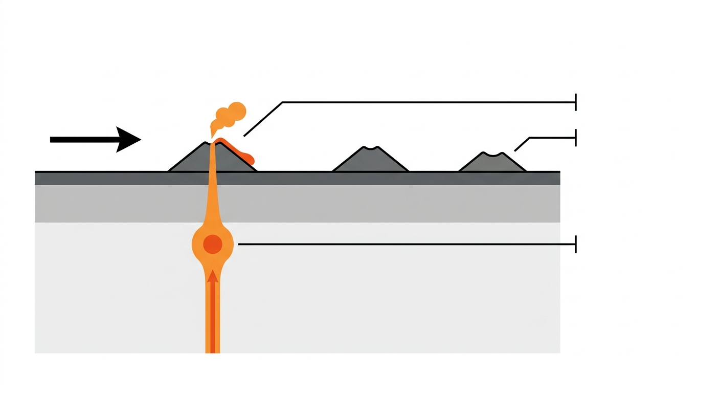 Very simple hotspot diagram with three volcano icons, a plume, and one motion arrow.