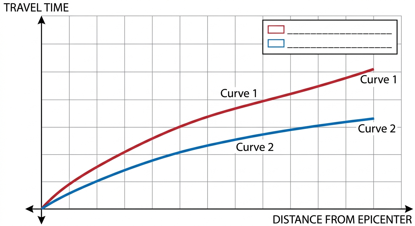 Unlabeled travel-time graph with two seismic wave curves and a blank legend.