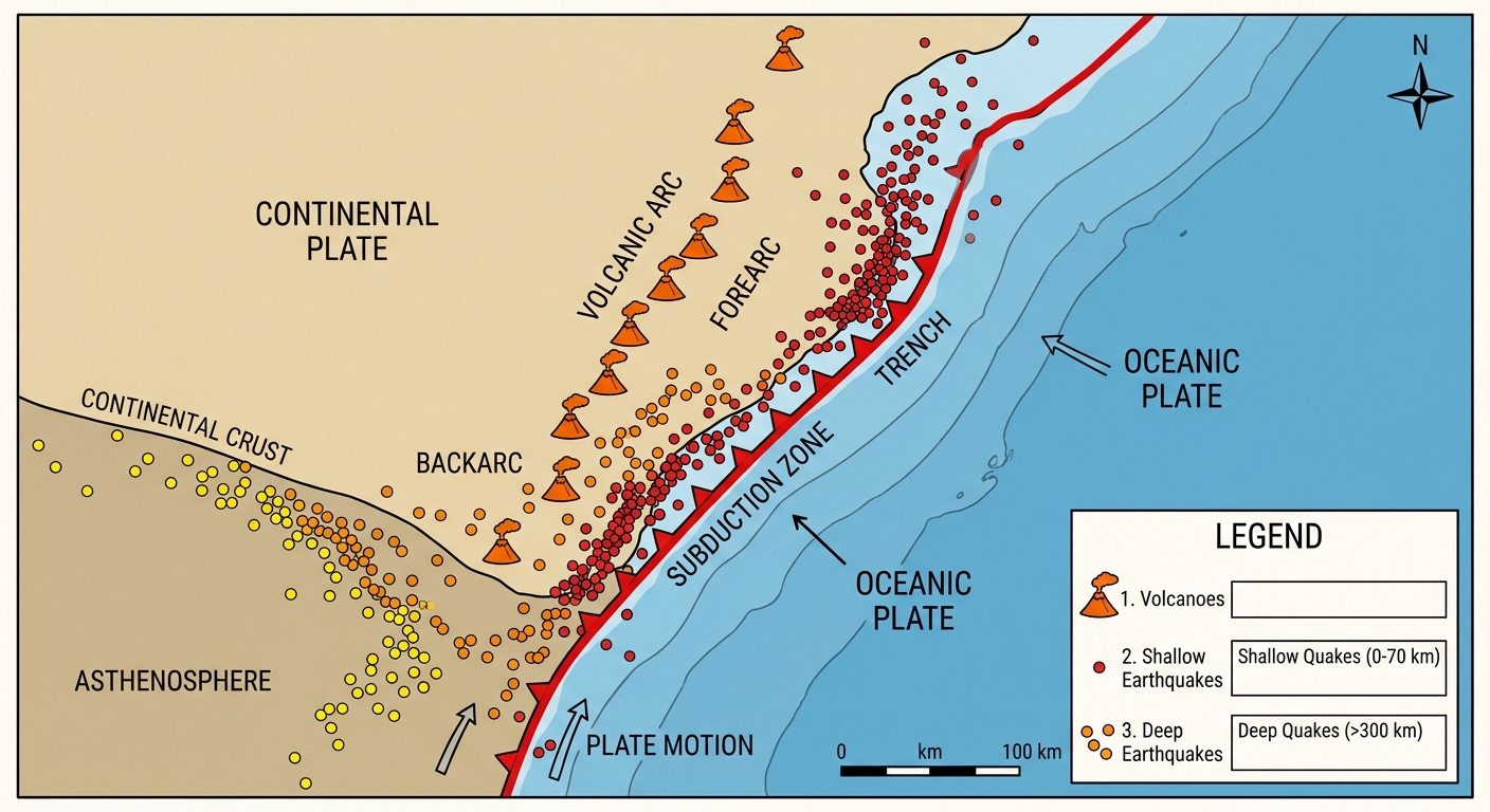 Simplified hazards map with volcano symbols and earthquake dots along a plate boundary to annotate.