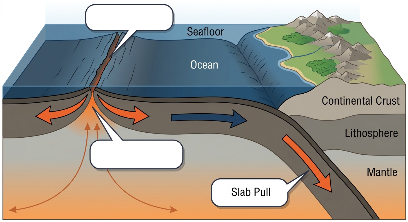 Diagram showing ridge push and slab pull forces acting on an oceanic plate to label.