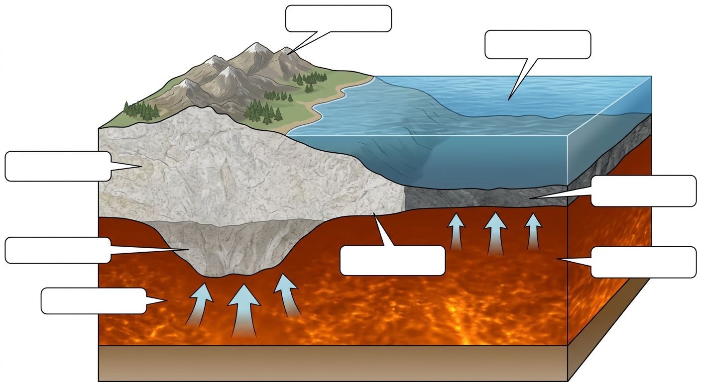 Isostasy cross-section comparing thick continental crust and thin oceanic crust floating on the mantle.