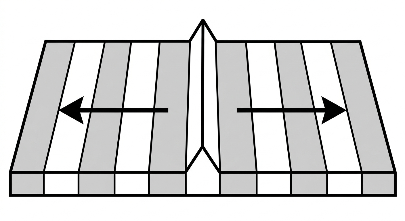 Simple seafloor-spreading diagram with a central ridge, arrows pointing away on both sides, and symmetrical alternating magnetic stripes.