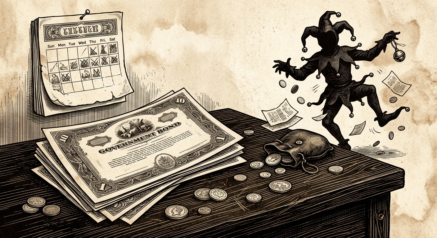 Vintage-style engraving of bond certificates and coins with a jester silhouette nearby.