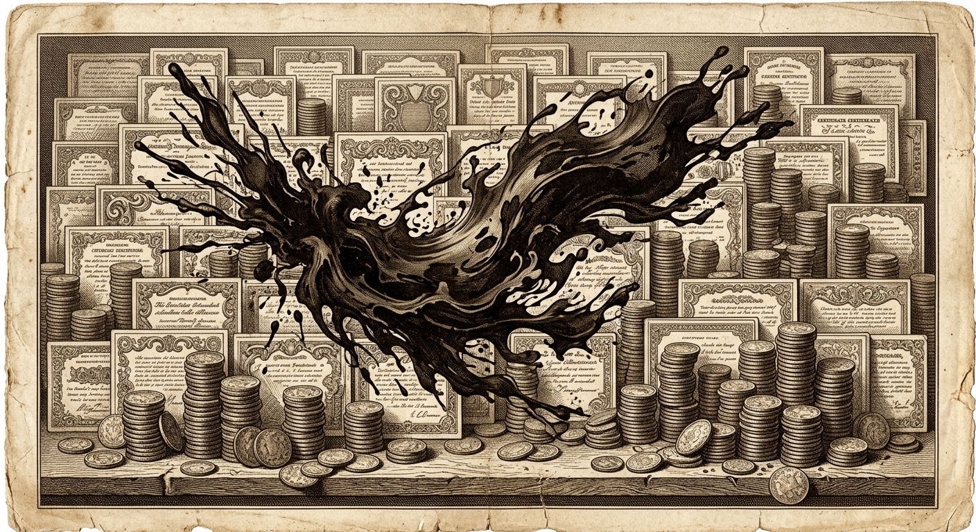 Vintage engraving of many small certificates with a swirling ink-blot shape.