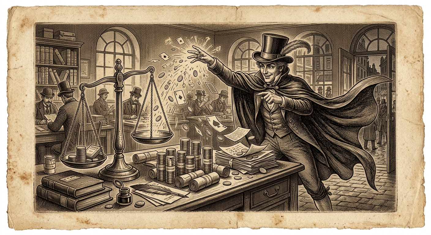 Vintage engraving of a balance scale and coins with a street magician figure.