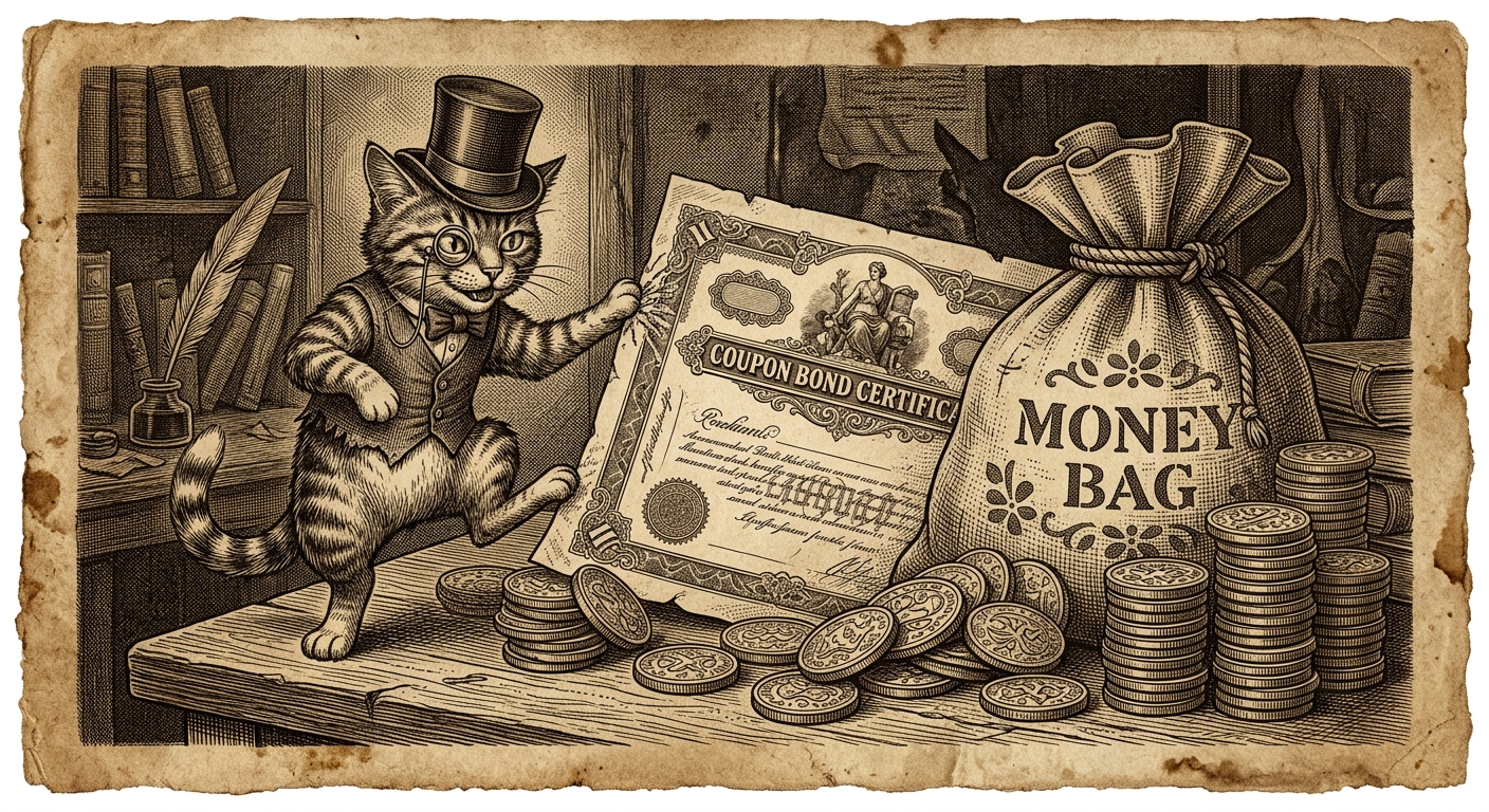 Sepia engraving of a money bag and bonds with a cat in a top hat.