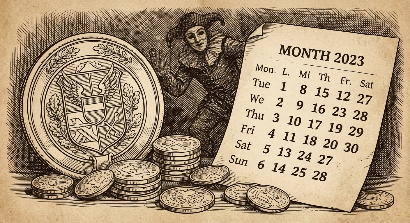 Vintage-style scene with a calendar, coins, and a masked carnival figure.