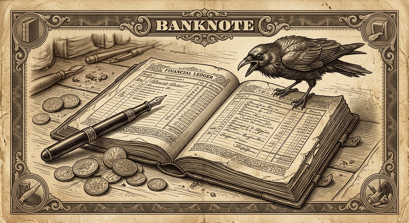 Sepia engraving of a ledger and coins with a raven perched on the book.