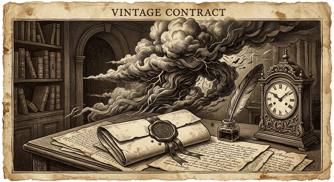 Sepia engraving of a contract with a quill and clock and an abstract thundercloud figure.