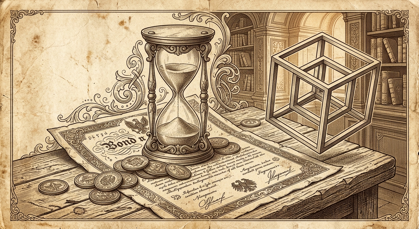 Antique-style engraving of an hourglass and bond certificate with a floating cube.