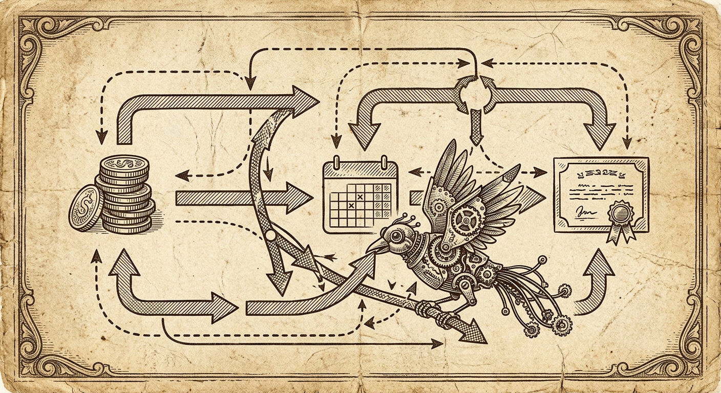 Vintage-style diagram with finance icons and a mechanical bird.