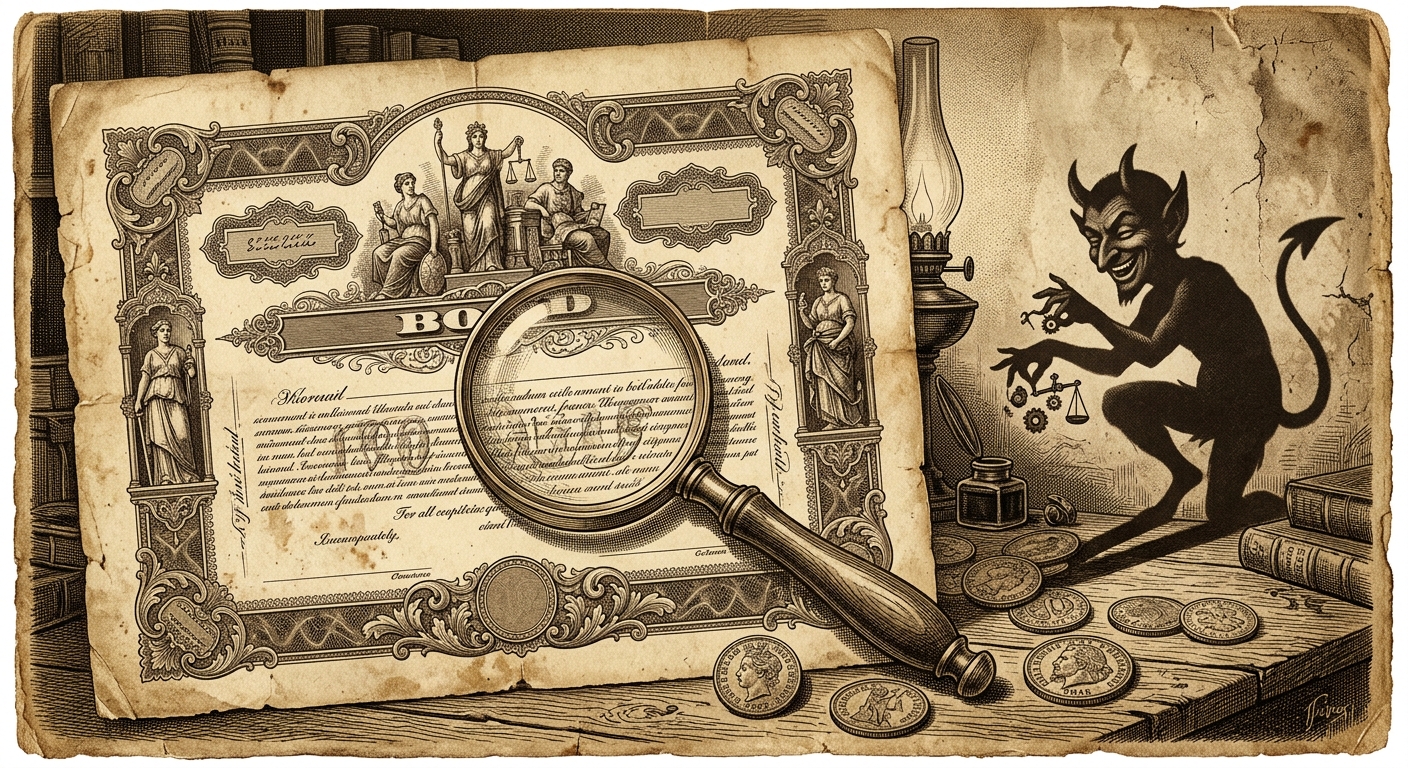Sepia engraving of a certificate and magnifying glass with a playful shadow figure.