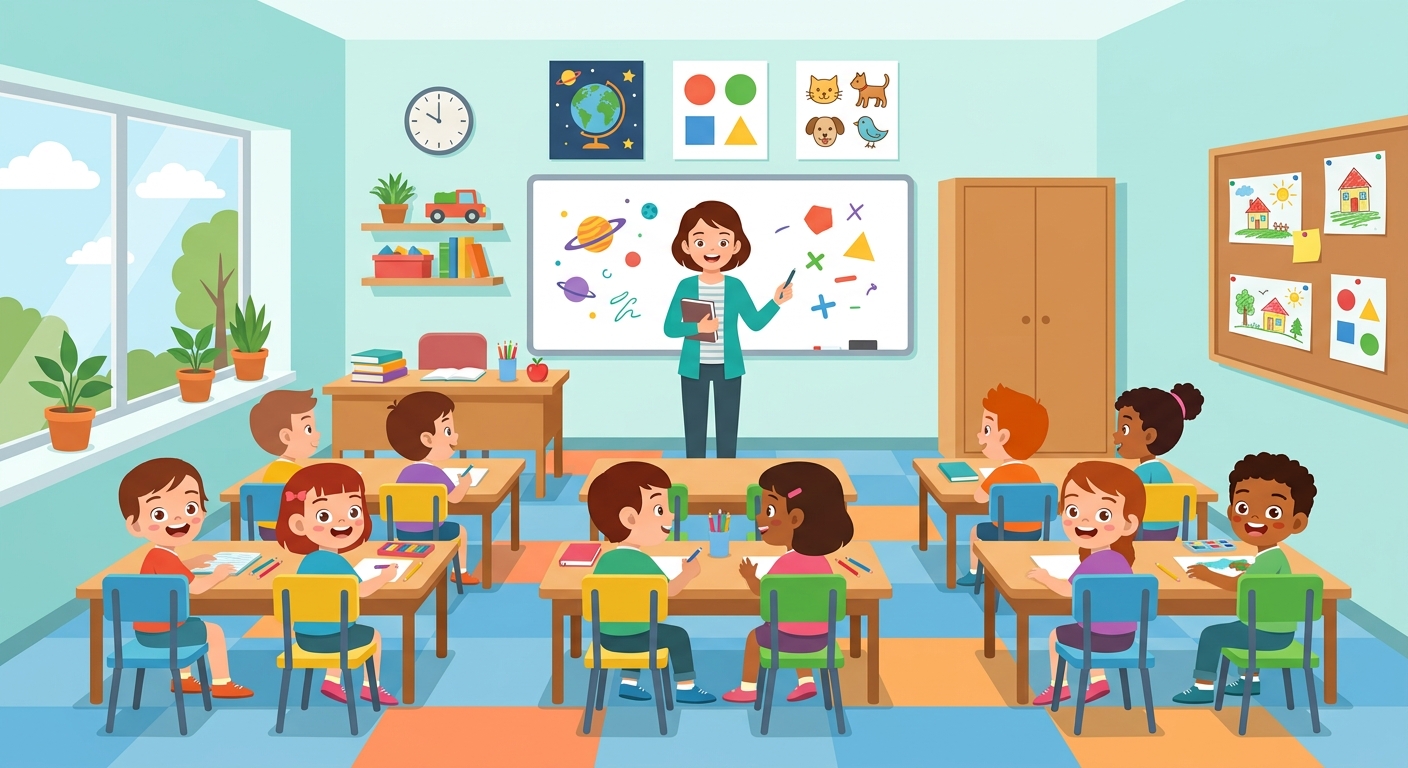 Inside a classroom with desks, a board at the front, and a teacher.