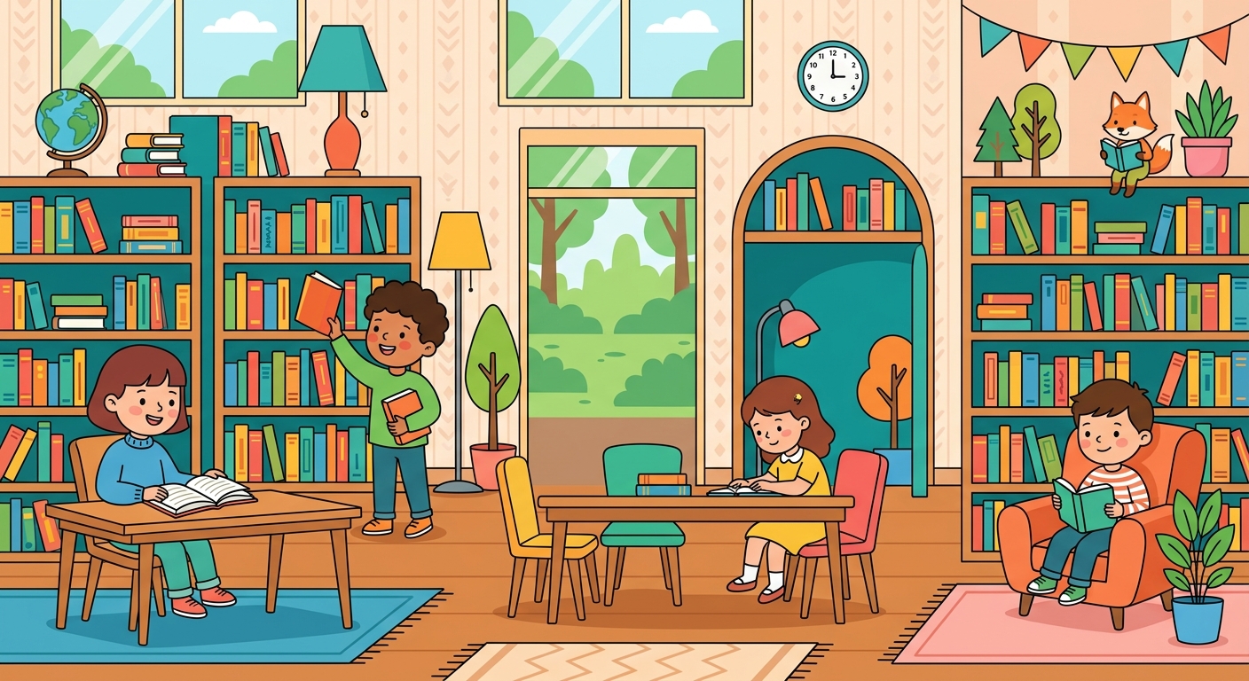 Inside a library with bookshelves and reading tables.