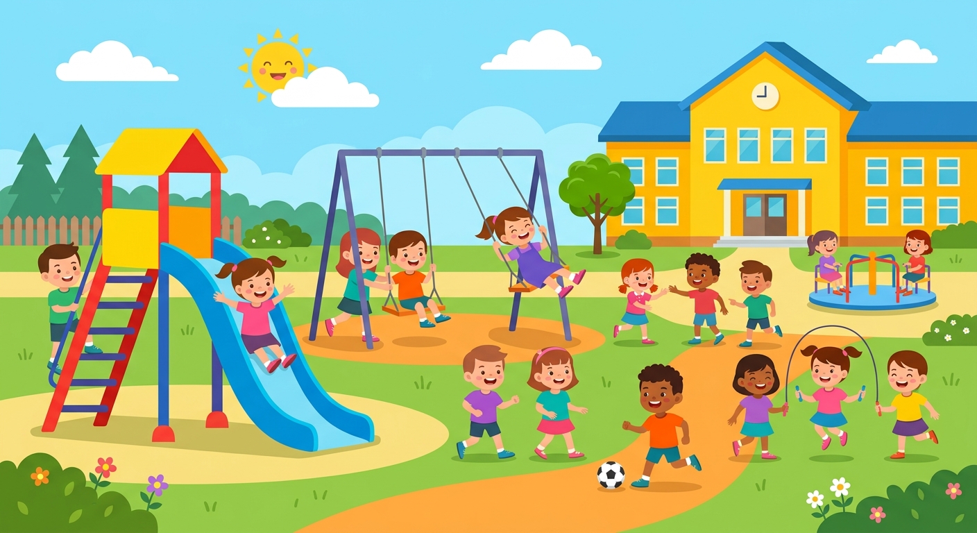 A playground with swings and a slide.