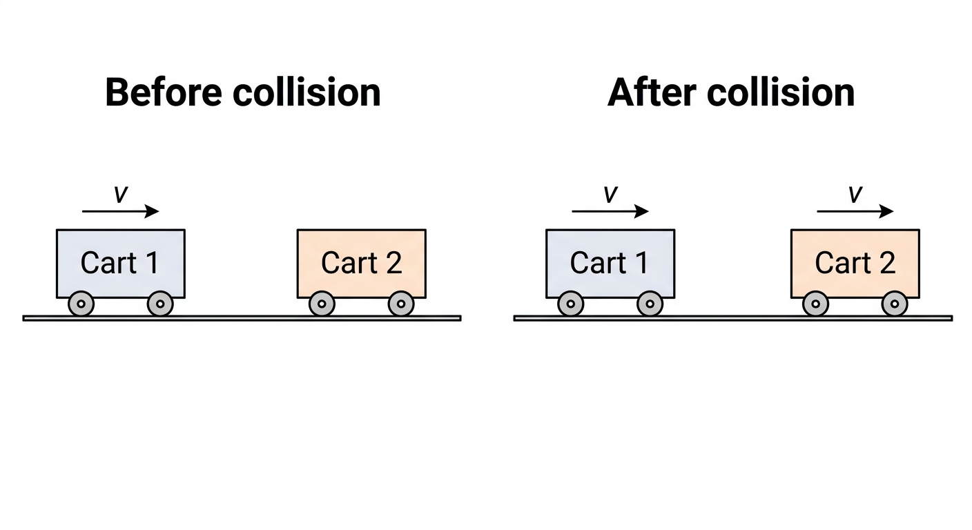 Two-panel diagram of two carts on a track labeled “Before collision” and “After collision,” with Cart 1 and Cart 2 shown in each panel and no momentum arrows drawn.