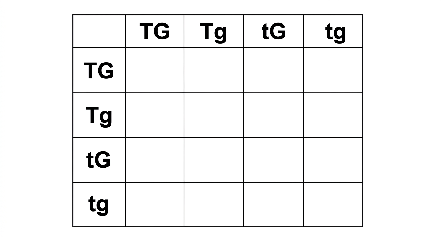 Blank 4x4 Punnett square with gamete labels TG, Tg, tG, tg across the top and left side.