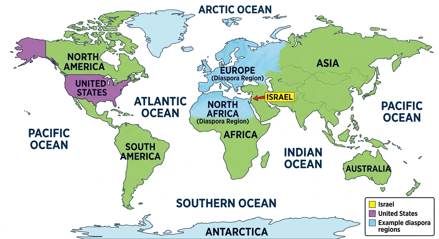 Simple world map labeling continents and oceans, highlighting Israel and the United States, and shading Europe and North Africa as example diaspora regions with a legend.