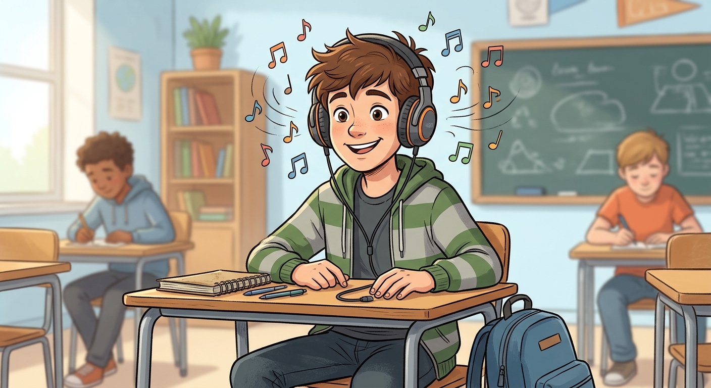 null A teen wearing headphones listening to music with music notes.