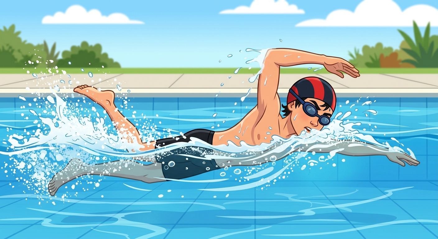 null A teen swimming in a pool.