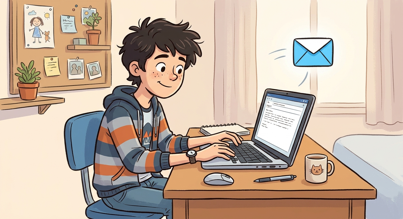 null A teen typing an email on a laptop.