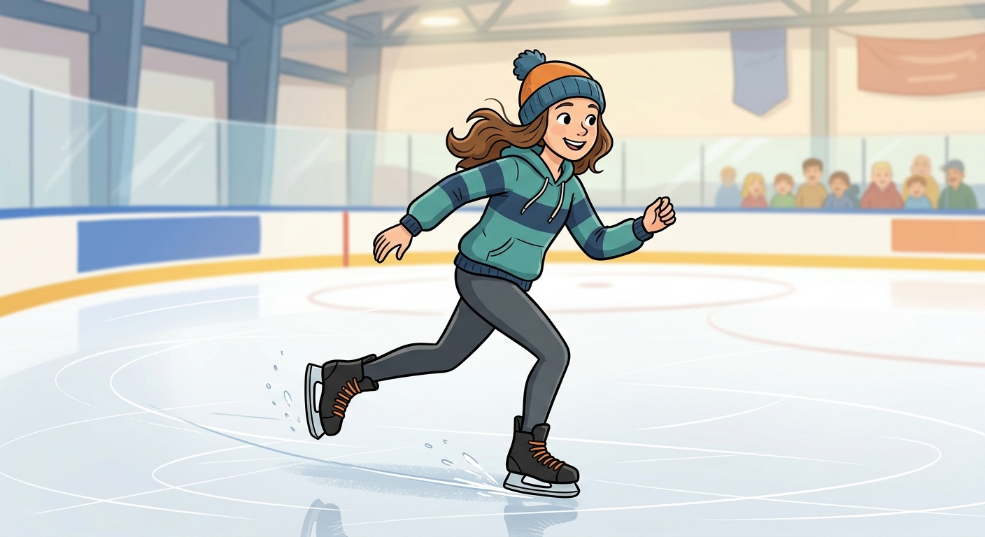 null A teen ice skating at a rink.