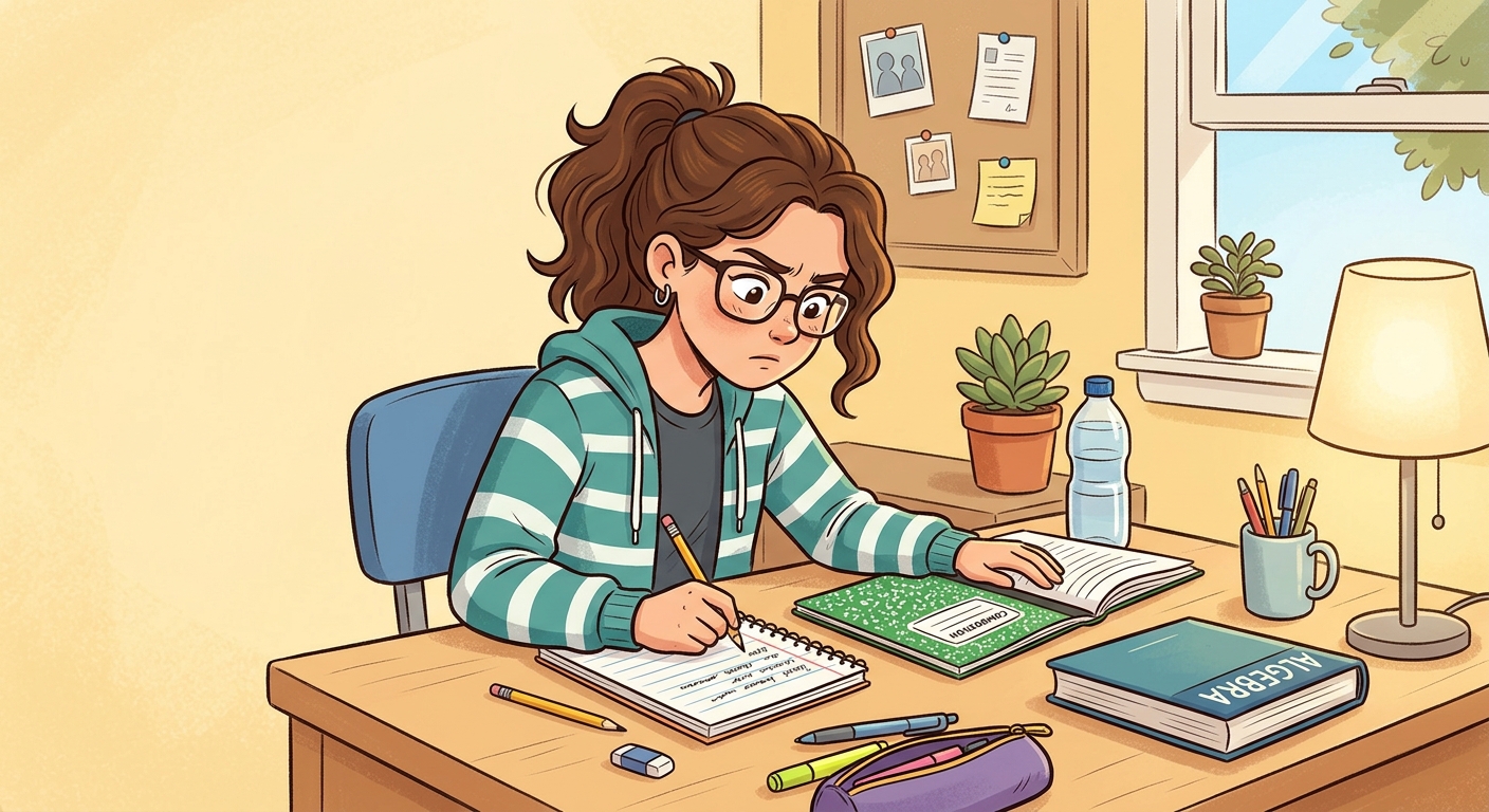 null A teen studying at a desk with notebooks.
