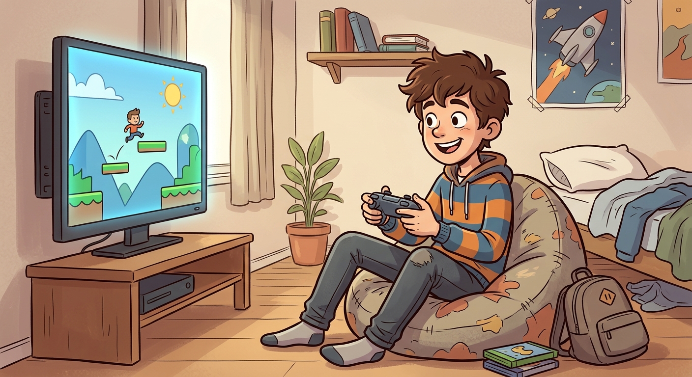null A teen playing video games with a controller.