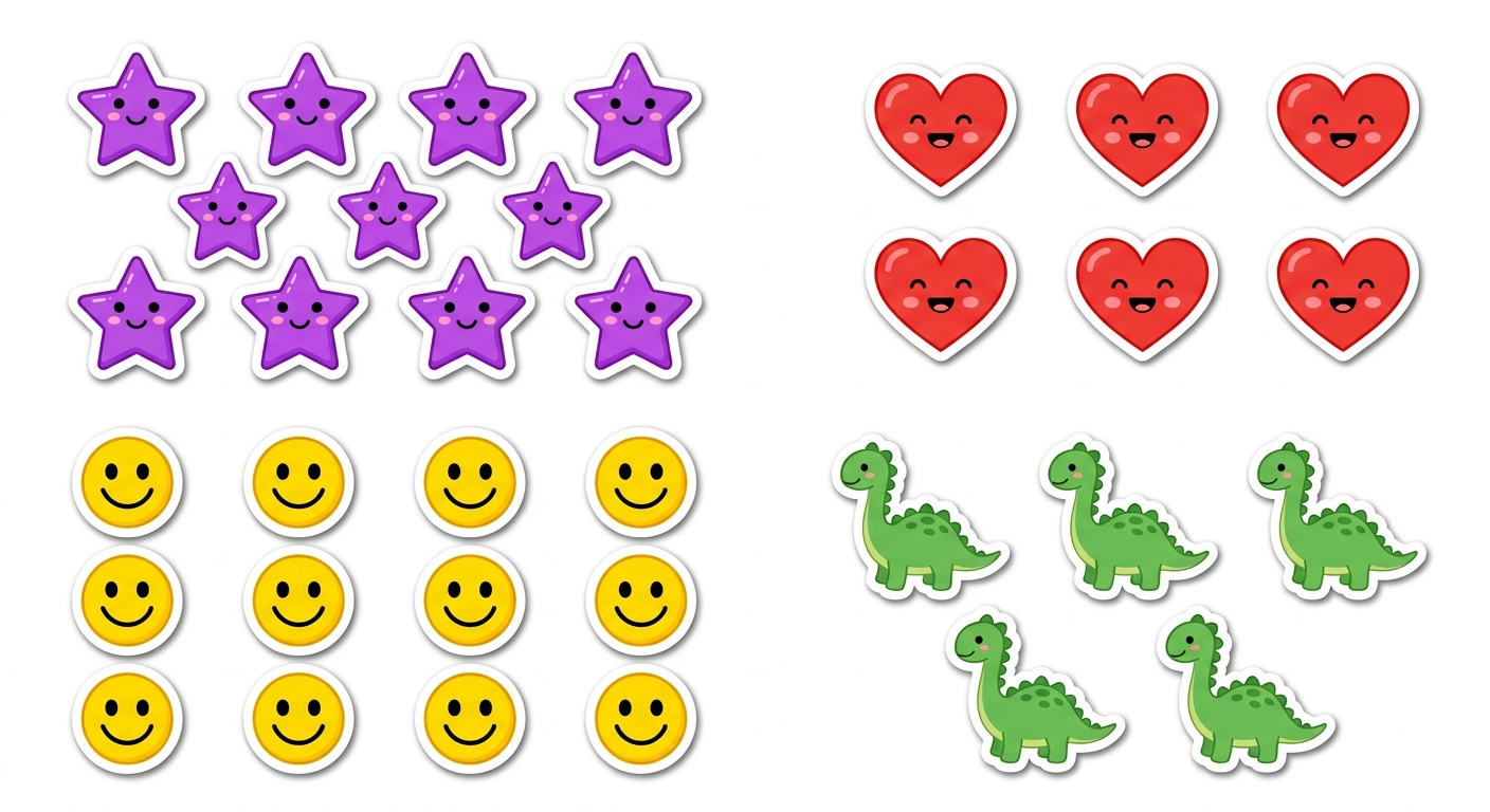Sticker inventory with groups of stars, hearts, smiley faces, and dinosaurs to count.