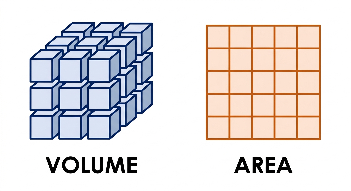 Icons comparing volume (unit cubes) and area (unit squares).