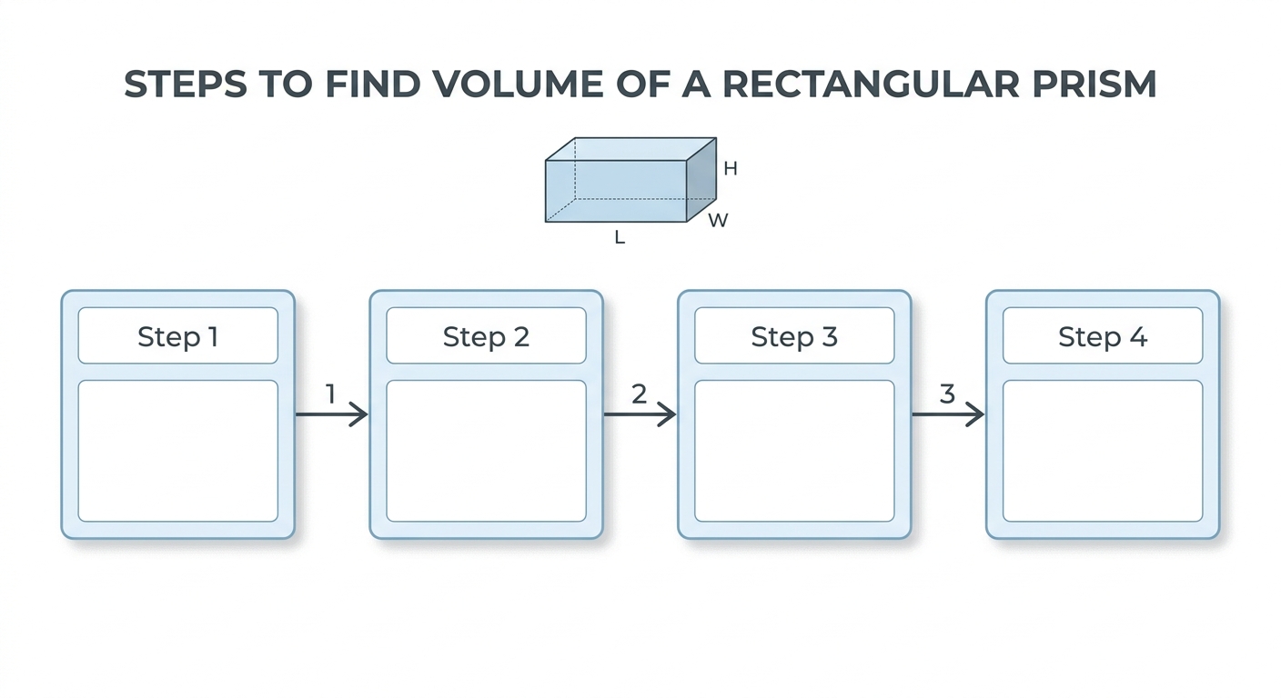 Four-step flowchart for finding the volume of a rectangular prism.