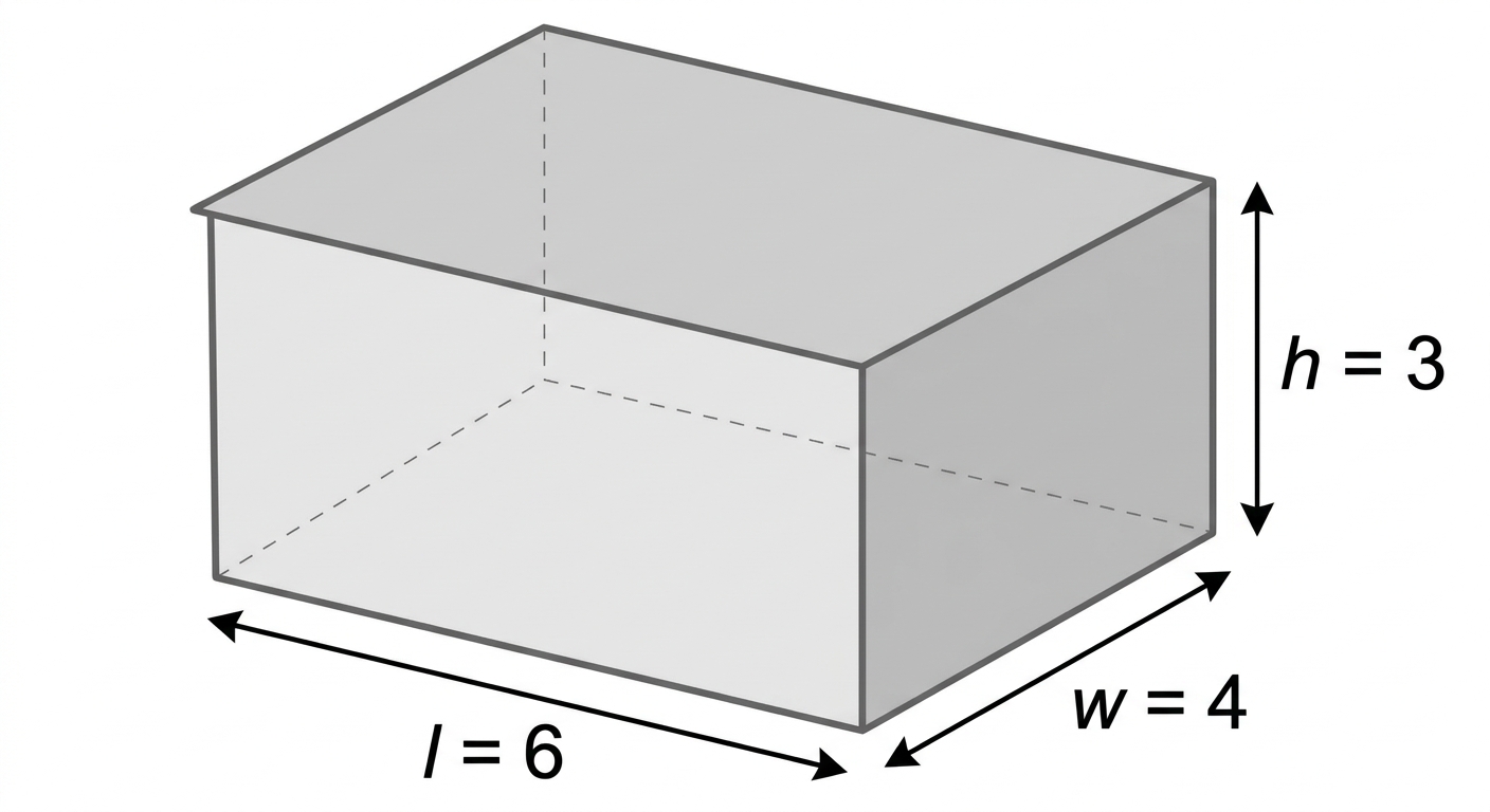 Rectangular prism diagram labeled l=6, w=4, h=3.