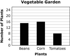 Bar graph titled Vegetable Garden. Beans: 15 plants; Corn: 16 plants; Tomatoes: 8 plants.