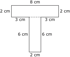 A T-shaped figure made of two joined rectangles, labeled with dimensions in centimeters.