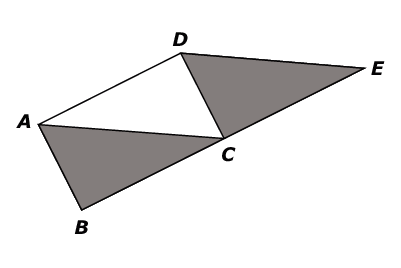 Quadrilateral ABCD is a rectangle and quadrilateral ACED is a parallelogram. Triangles ABC and DCE are shaded.